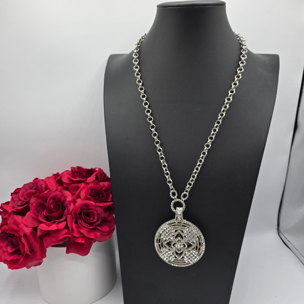 Cara New York Silver Tone Rhinestone Medallion Statement Necklace Long Chain